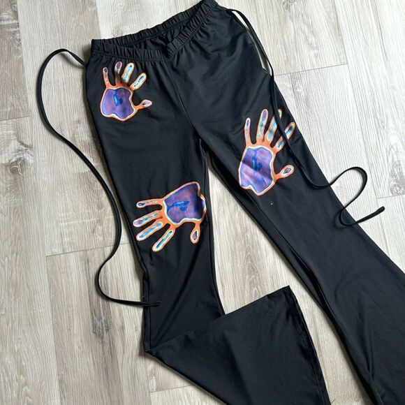 90s Low Rise Handprint Print Crisscross Tie Back Flare Leg Pants Size Medium - Picture 6 of 11